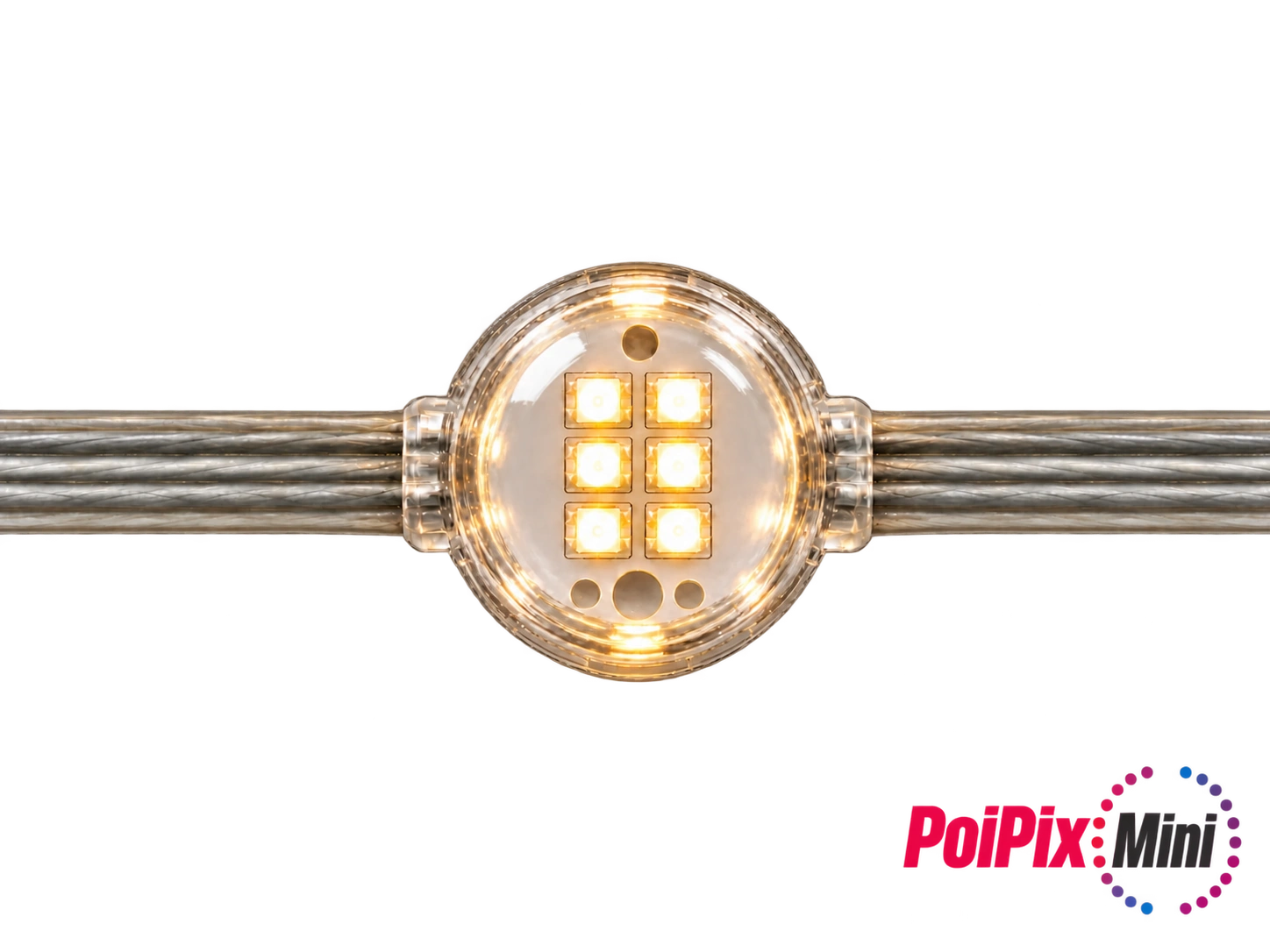 PoiPix Mini LED piksel armatür, şeffaf kablolu model – ön görünüm