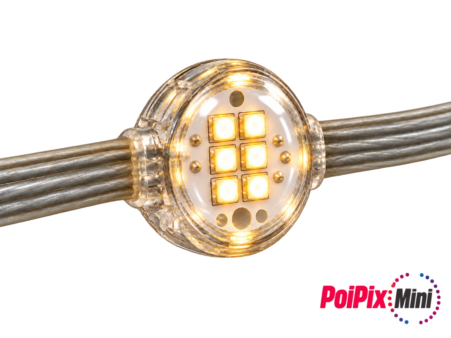 PoiPix Mini LED piksel armatür, şeffaf kablolu model – perspektif görünüm