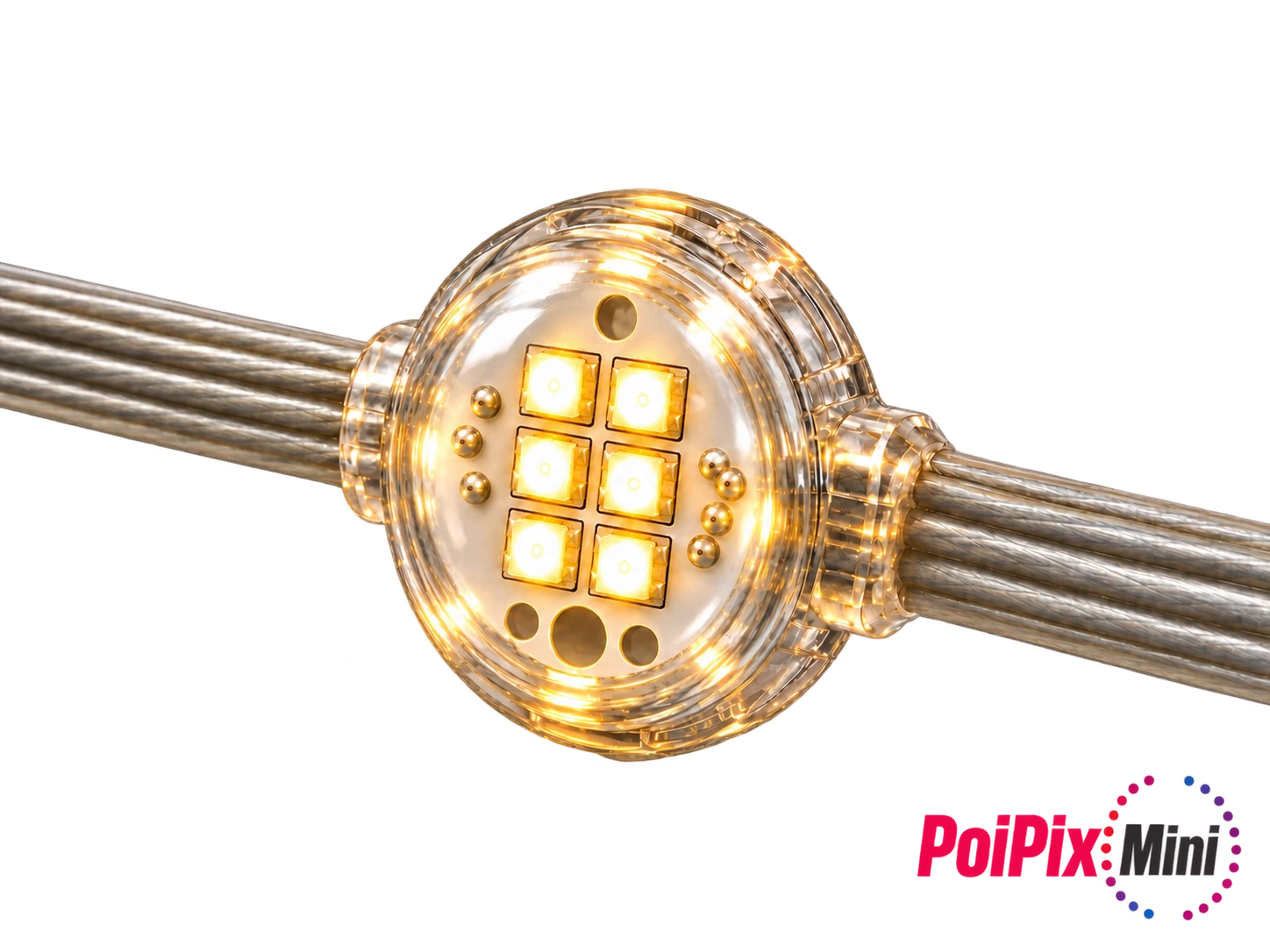 PoiPix Mini LED piksel armatür, şeffaf kablolu model – yakın plan